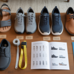 A wooden table displays five pairs of Men's Xero Shoes in various styles and colors, size measuring tools, shoe labels, an open catalog showing shoe options, and a closed blue men's shoe buyer guide.