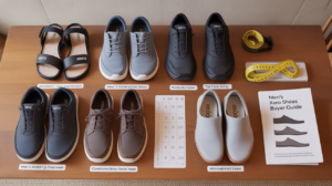 A selection of six pairs of Men's Xero Shoes displayed on a wooden table with measuring tape, size guide, and a men's Xero shoes buyer guide, each shoe pair clearly labeled with its model name.