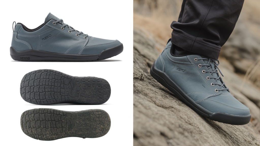 A pair of durable gray Xero Shoes with black soles is shown from side and bottom views on the left; on the right, a person wears the shoes while standing on a rocky surface outdoors.