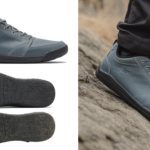 A pair of durable gray Xero Shoes with black soles is shown from side and bottom views on the left; on the right, a person wears the shoes while standing on a rocky surface outdoors.