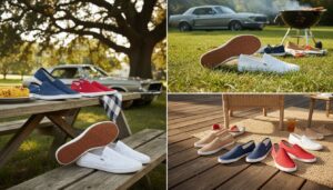 Three photos showcase Xero Americana Collection barefoot-inspired shoes in blue, red, and white—perfect summer wear—displayed outdoors on a picnic table, on grass near a grill and car, and on a wooden deck with varied lighting and settings.