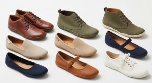 Nine pairs of shoes, including Xero barefoot shoes, are arranged in rows on a white surface. Featuring everyday style, the lineup includes brown and olive lace-ups, beige and navy slip-ons, Mary Janes, and white sneakers.