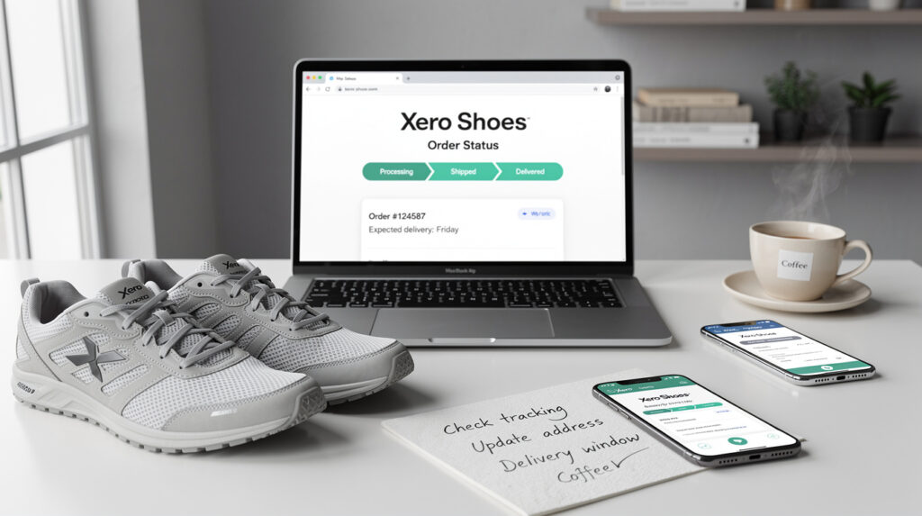 A pair of gray Xero Shoes, a laptop displaying the order status page to easily track your Xero Shoes order, a smartphone, a notepad with reminders, a coffee cup, and a potted plant sit neatly on a white desk.