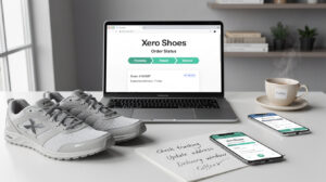 A pair of gray Xero Shoes, a laptop displaying the order status page to easily track your Xero Shoes order, a smartphone, a notepad with reminders, a coffee cup, and a potted plant sit neatly on a white desk.