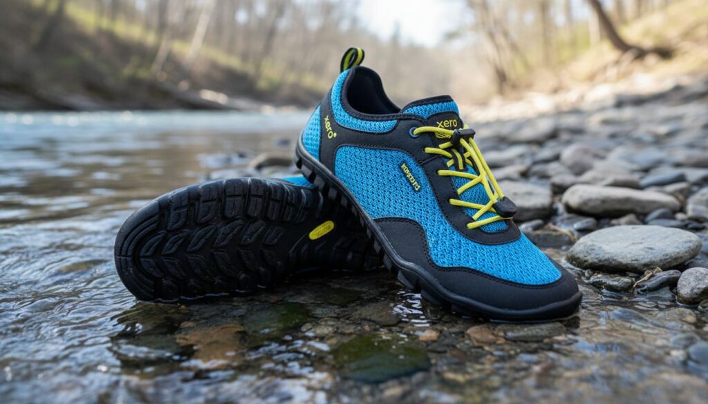 A pair of blue and black Xero Shoes Aqua X Sport with yellow laces are placed on rocks beside a river, one standing and the other leaning. The forested riverside backdrop highlights these adventure footwear essentials.
