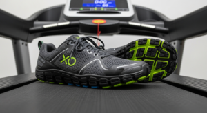 A pair of gray and black athletic running shoes with green and blue accents are placed on the belt of a treadmill, making them perfect for indoor workouts or treadmill running, with the digital display and control panel visible in the background.