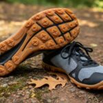 A pair of barefoot shoes with black and gray mesh uppers and rubber soles featuring orange treads, displayed outdoors on a dirt surface with dry leaves scattered around.
