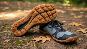 A pair of barefoot shoes with black and gray mesh uppers and rubber soles featuring orange treads, displayed outdoors on a dirt surface with dry leaves scattered around.