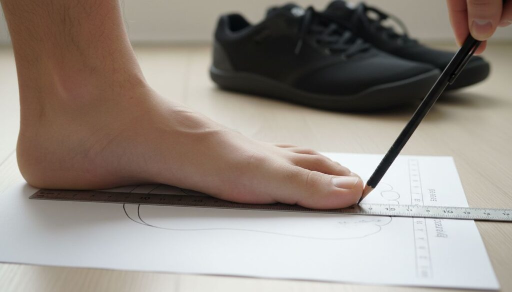 A person traces the outline of their foot on a sheet of paper using a pencil and ruler to measure for Xero Shoes, with black shoes in the background on a light wooden floor.