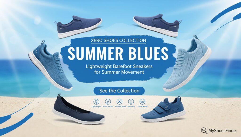 A promotional image for the Xero Shoes Summer Blues Collection, featuring five pairs of blue barefoot sneakers against a beach background, with product features and a “See the Collection” button in the center.