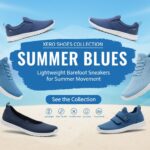 A promotional image for the Xero Shoes Summer Blues Collection, featuring five pairs of blue barefoot sneakers against a beach background, with product features and a “See the Collection” button in the center.