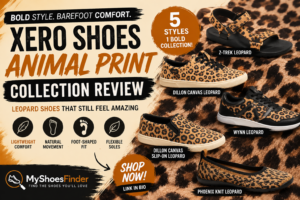 A promotional image for Xero Shoes Animal Print Collection Review, displaying five styles of Leopard Barefoot Shoes on a leopard print fabric. Text highlights features like comfort, flexible soles, and natural movement.