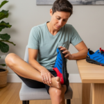 A person sitting on a chair tries on a blue and red Xero Shoe, with their other foot resting on their knee. Another pair is on the table in a well-lit room with modern furniture—perfect for tackling any fit problems or checking the return guide.