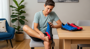 A person sitting on a chair tries on a blue and red Xero Shoe, with their other foot resting on their knee. Another pair is on the table in a well-lit room with modern furniture—perfect for tackling any fit problems or checking the return guide.