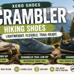 Three types of Xero Shoes Scrambler lightweight hiking shoes are displayed on rocks outdoors with mountains in the background, perfect for summer trails. Text highlights features like flexible soles, barefoot hiking feel, and waterproof options.