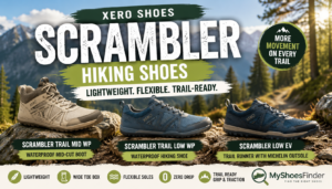 Three types of Xero Shoes Scrambler lightweight hiking shoes are displayed on rocks outdoors with mountains in the background, perfect for summer trails. Text highlights features like flexible soles, barefoot hiking feel, and waterproof options.