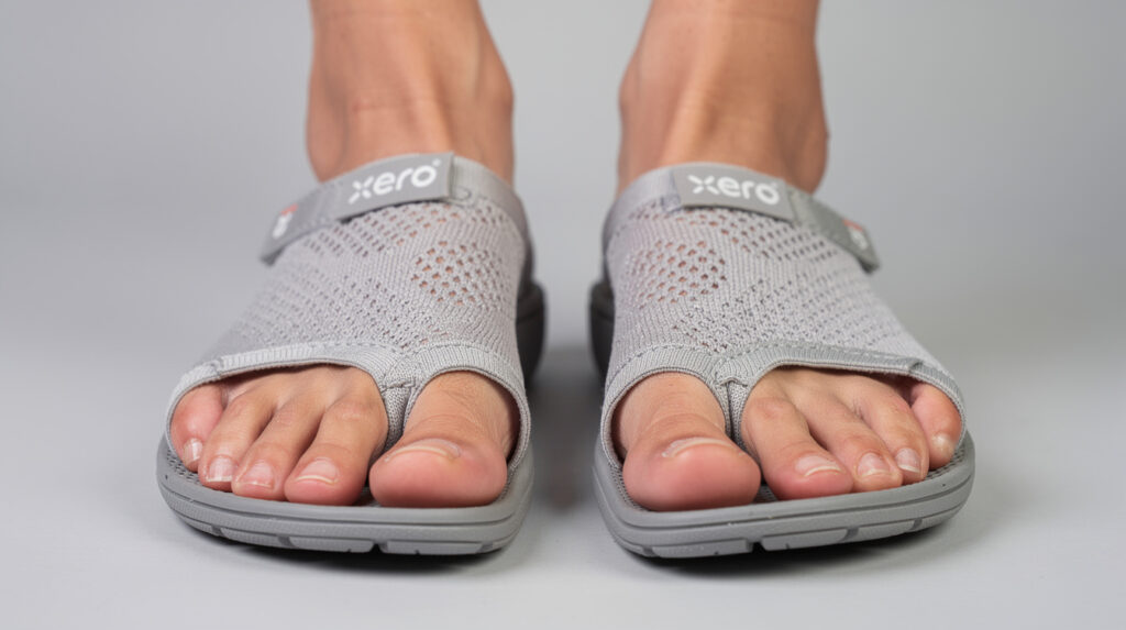Close-up of two feet wearing gray knit open-toe Xero Shoes sandals with adjustable straps and the word "Xero" on each strap, standing on a light gray surface. Designed with wide toe boxes, these sandals provide extra comfort—perfect for those with bunions. Toes are visible through the open front.