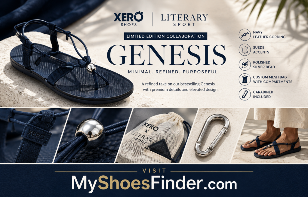 An ad for Xero Shoes and Literary Sport’s limited edition Genesis sandals. Features close-ups of shoe details, a carabiner, custom pouch, and a person wearing the minimalist sandal—perfect for effortless summer style. Text describes materials and collaboration.