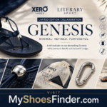 An ad for Xero Shoes and Literary Sport’s limited edition Genesis sandals. Features close-ups of shoe details, a carabiner, custom pouch, and a person wearing the minimalist sandal—perfect for effortless summer style. Text describes materials and collaboration.