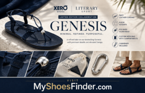 An ad for Xero Shoes and Literary Sport’s limited edition Genesis sandals. Features close-ups of shoe details, a carabiner, custom pouch, and a person wearing the minimalist sandal—perfect for effortless summer style. Text describes materials and collaboration.
