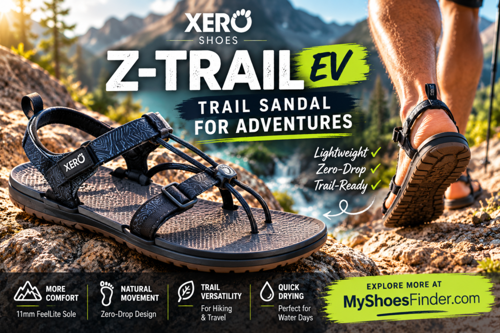 A person wearing Xero Z-Trail EV sandals stands on a dirt trail. A close-up highlights the Xero Sandal’s features, including adjustable straps and a branded sole. Text lists benefits like lightweight design, trail-ready durability, and quick drying—perfect for conquering any trails.