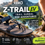 A person wearing Xero Z-Trail EV sandals stands on a dirt trail. A close-up highlights the Xero Sandal’s features, including adjustable straps and a branded sole. Text lists benefits like lightweight design, trail-ready durability, and quick drying—perfect for conquering any trails.