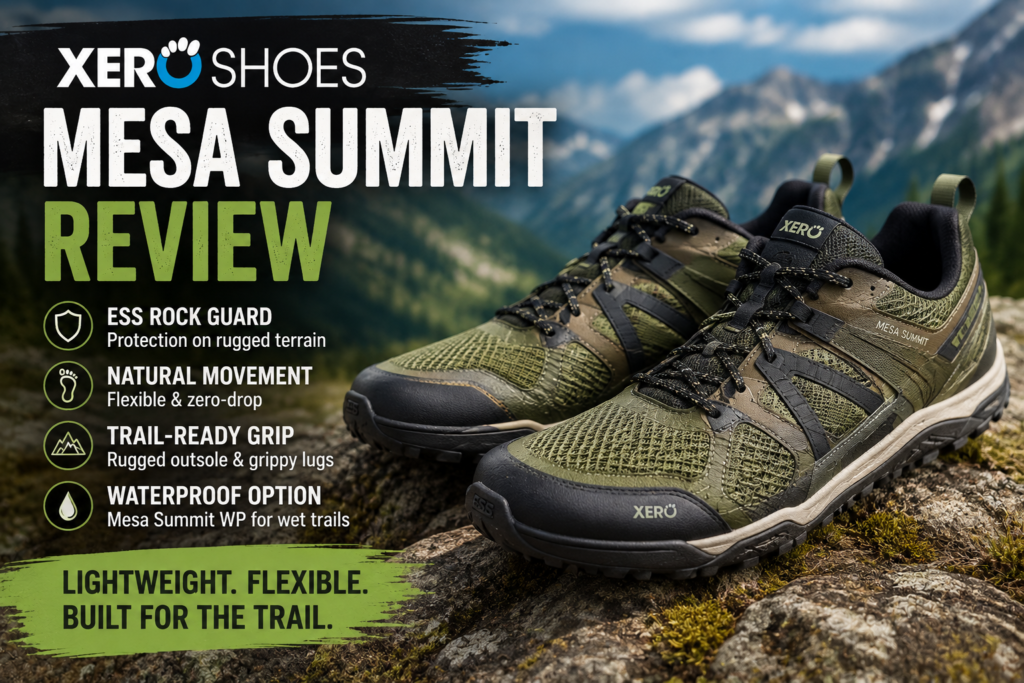 A pair of green Xero Shoes Mesa Summit barefoot trail shoes sit on rocky ground, with text listing features such as protection, natural movement for hiking and running, excellent grip, a waterproof option, and key phrases about flexibility and trail use.
