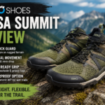 A pair of green Xero Shoes Mesa Summit barefoot trail shoes sit on rocky ground, with text listing features such as protection, natural movement for hiking and running, excellent grip, a waterproof option, and key phrases about flexibility and trail use.