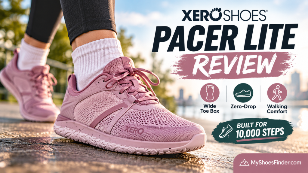 A person walks outdoors in dusty rose Xero Pacer Lite sneakers, featuring a wide toe box and zero-drop design for natural walking comfort.