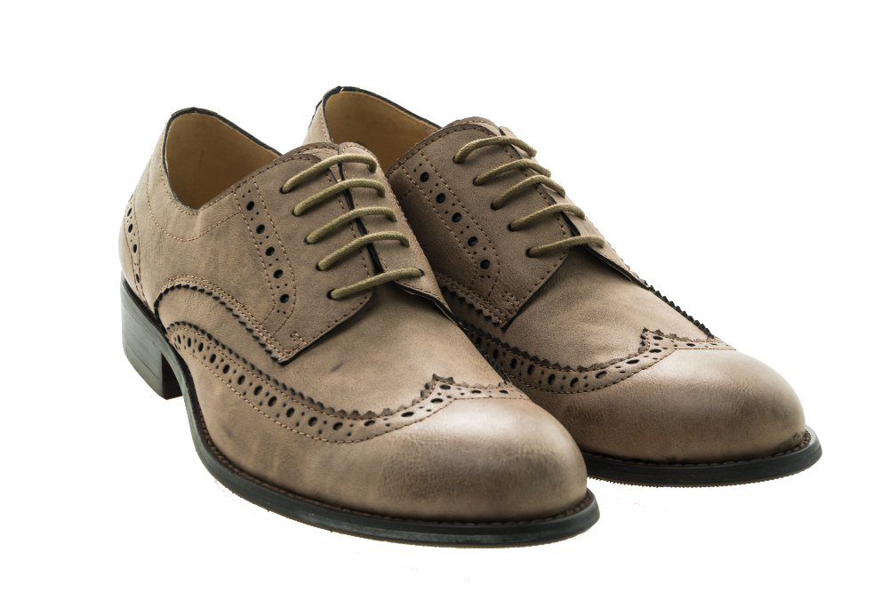 A pair of brown barefoot brogue shoes on a black background.