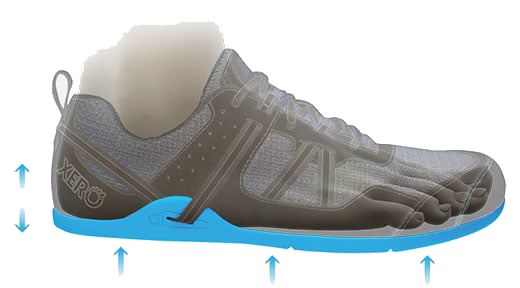 Side view of a black and blue barefoot athletic shoe with ventilation design and cushioning features highlighted by arrows.