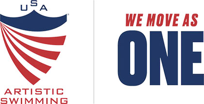 Logo of USA artistic swimming with the slogan "we move as one" in barefoot shoes.