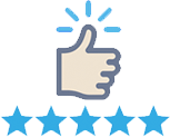 Graphic of a thumbs-up symbol above a five-star rating for barefoot sandals.