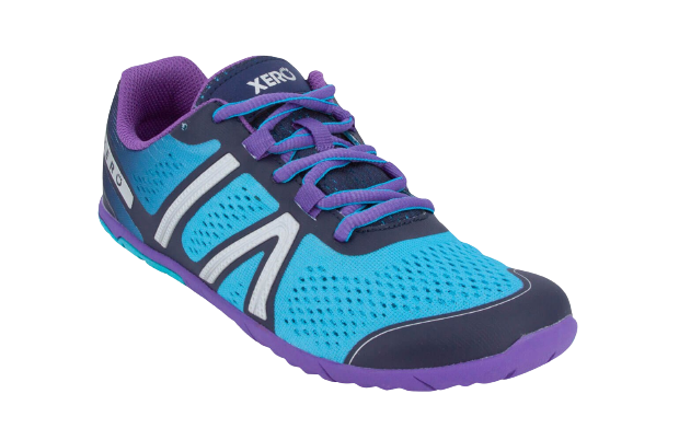 Blue and purple running shoe with breathable mesh upper and minimalist barefoot shoes design.