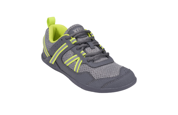 Gray and yellow barefoot running shoe on a white background.