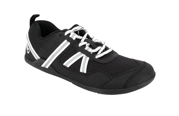 Black barefoot athletic shoe with white laces and details on a white background.